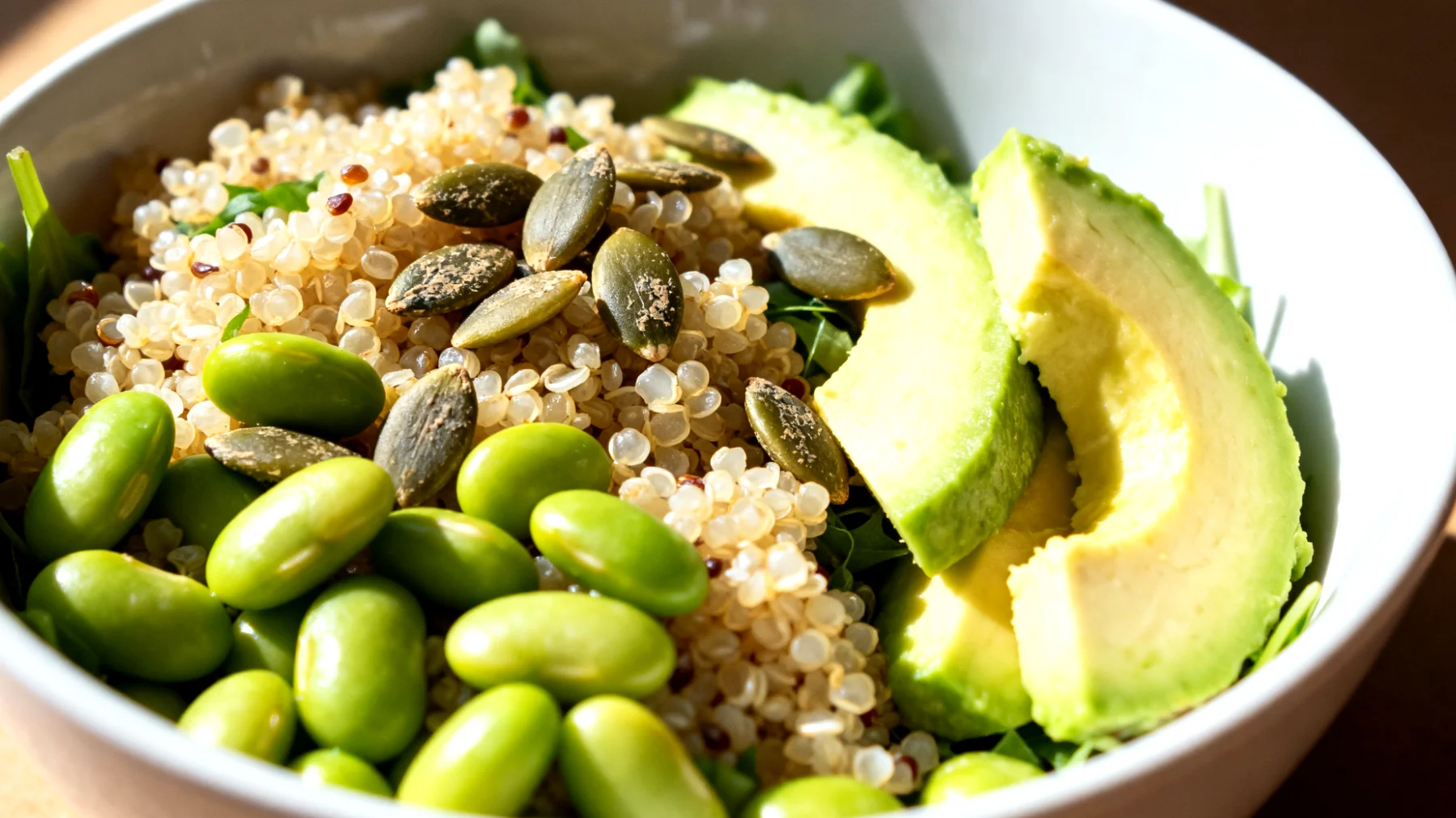 Insalata di quinoa con edamame, semi di zucca e avocado"