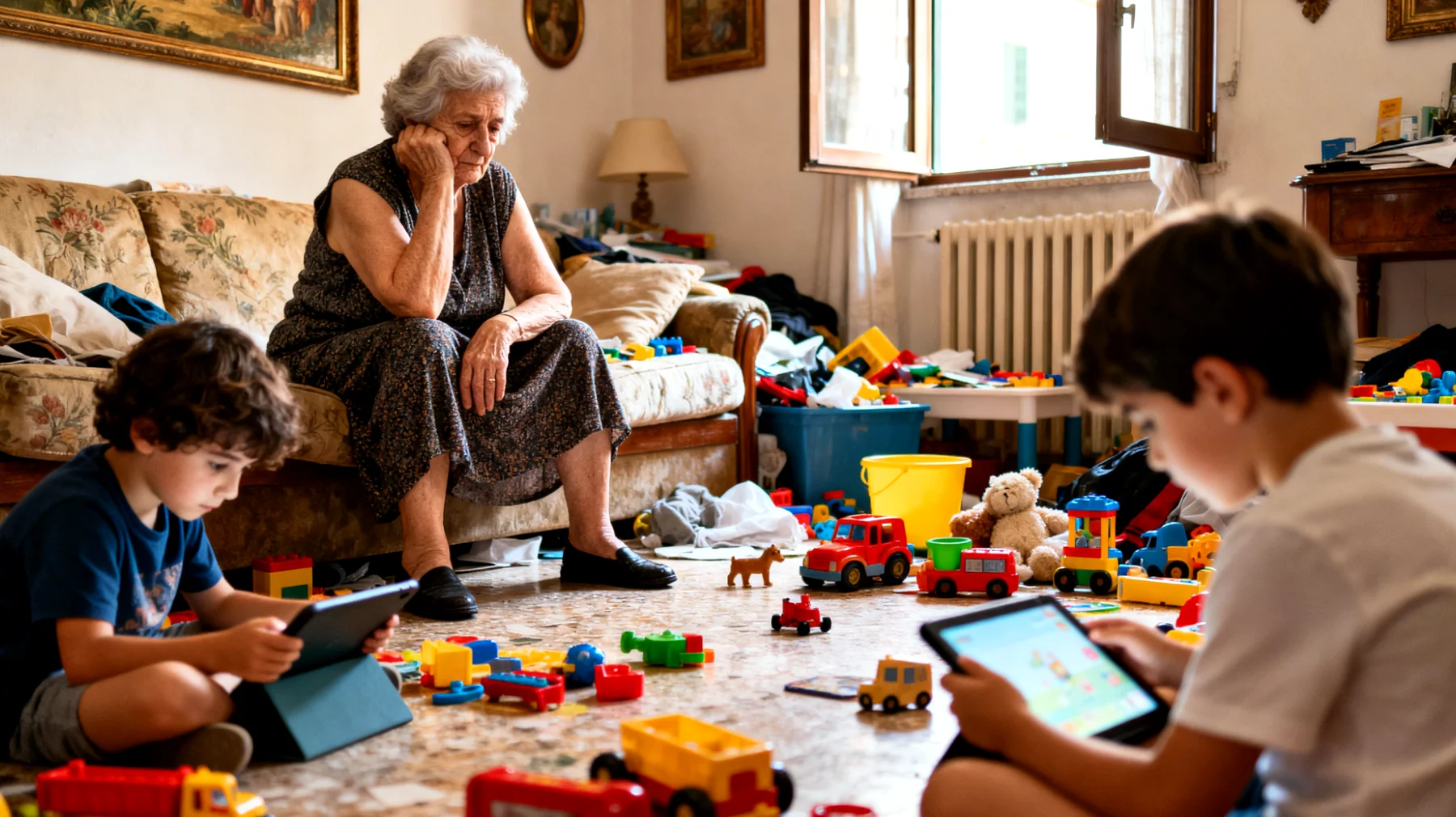 Nonna che fatica a coinvolgere i nipoti bambini nelle attività quotidiane come riordinare i giochi, apparecchiare o preparare semplici attività insieme, trovandosi spesso a fare tutto da sola mentre i bambini sono distratti o poco interessati a collaborare"